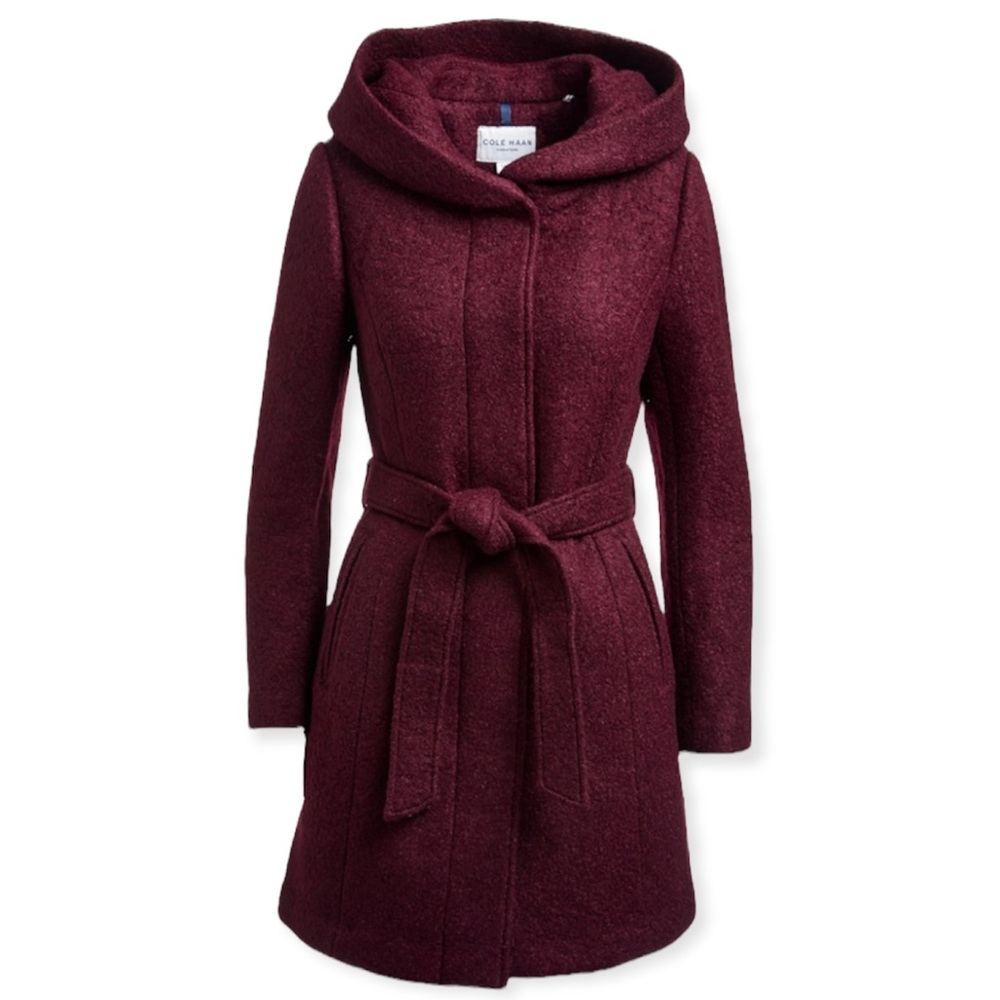 COLE HAAN Wool Coat Maroon Hooded Wrap Around Tie Waist Pockets - Picture 4 of 4